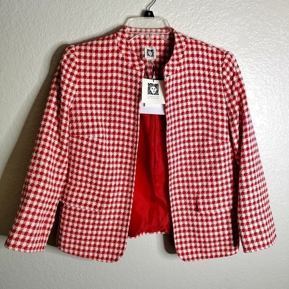 NWT Anne Klein red houndstooth open blazer sz 8 - Picture 2 of 7
